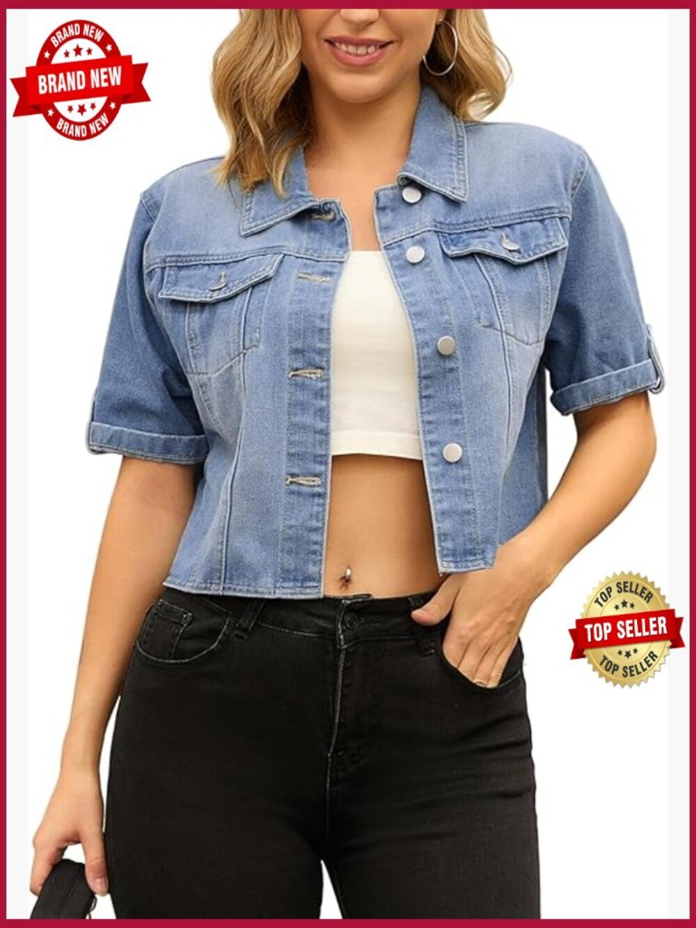 Cropped Short Sleeve Button Up Denim Jacket Casual Streetwear